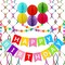 Rainbow Birthday Banner, 6 Honeycomb Balls, 8 Metallic Hanging Swirls and Circle Parper Garland, Happy Birthday Decorations